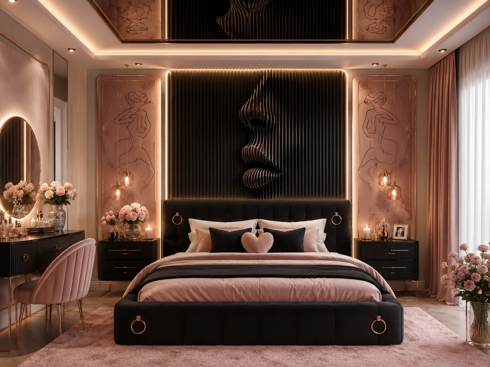 Schlafzimmer-Gestaltungskonzept in Rosé, Schwarz und Kupfer mit beleuchtetem Wandrelief hinter dem Bett