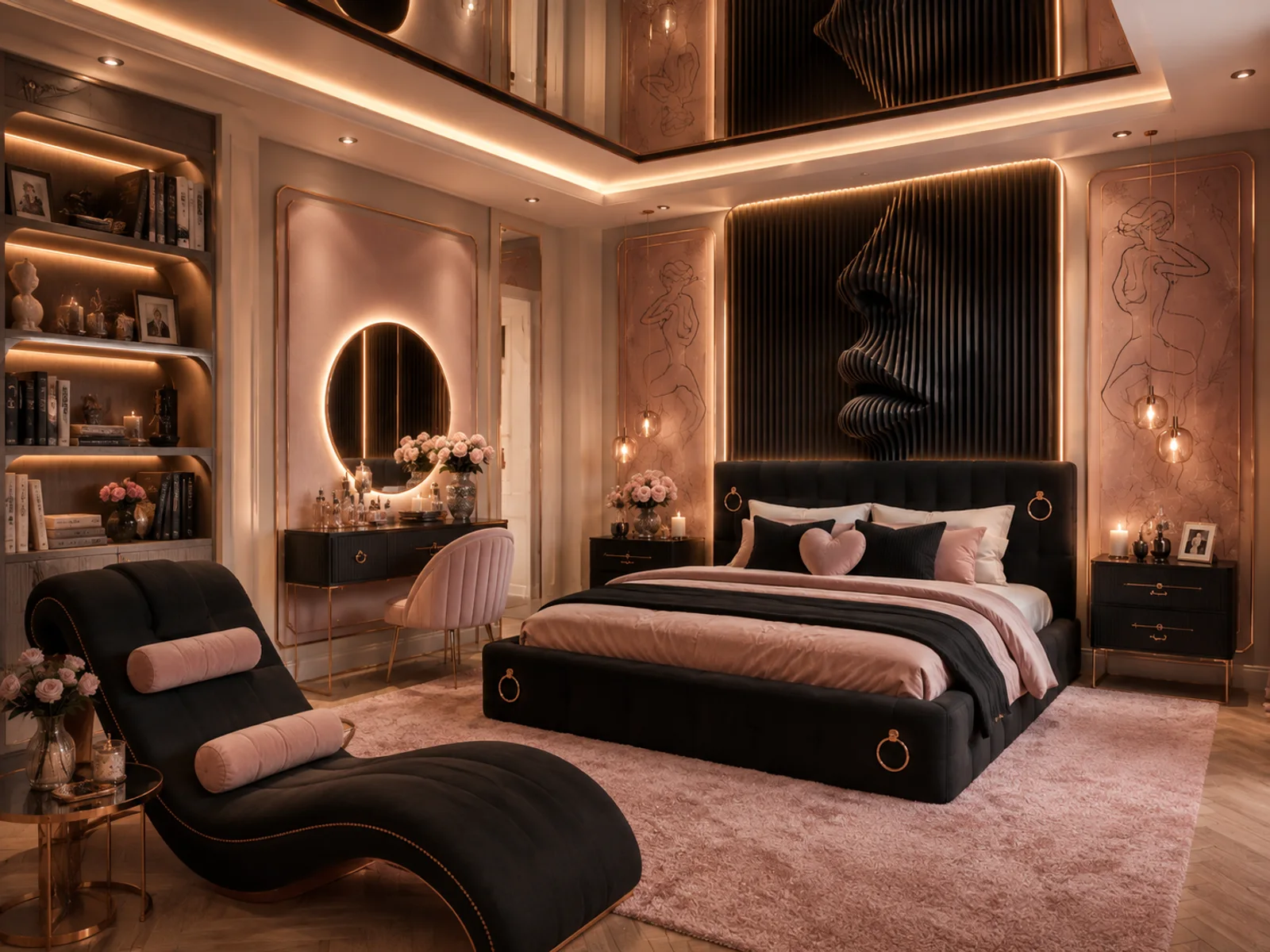 Schlafzimmer-Gestaltungskonzept mit Récamiere, Bücherregal und beleuchtetem Schminktisch in Rosé und Schwarz
